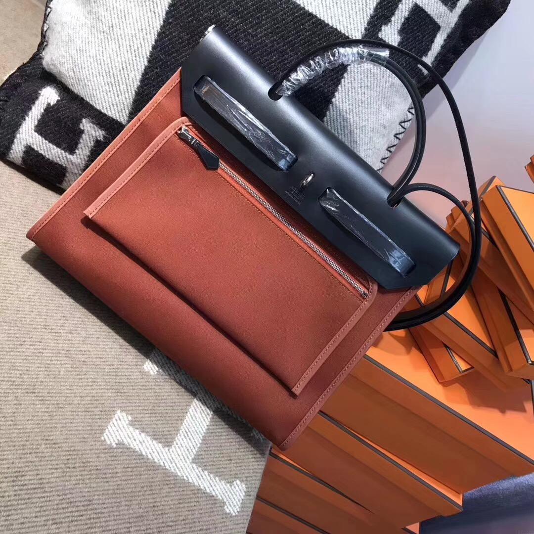 愛馬仕Hermes 牛皮+帆布材質 Herbag 31cm 古銅色