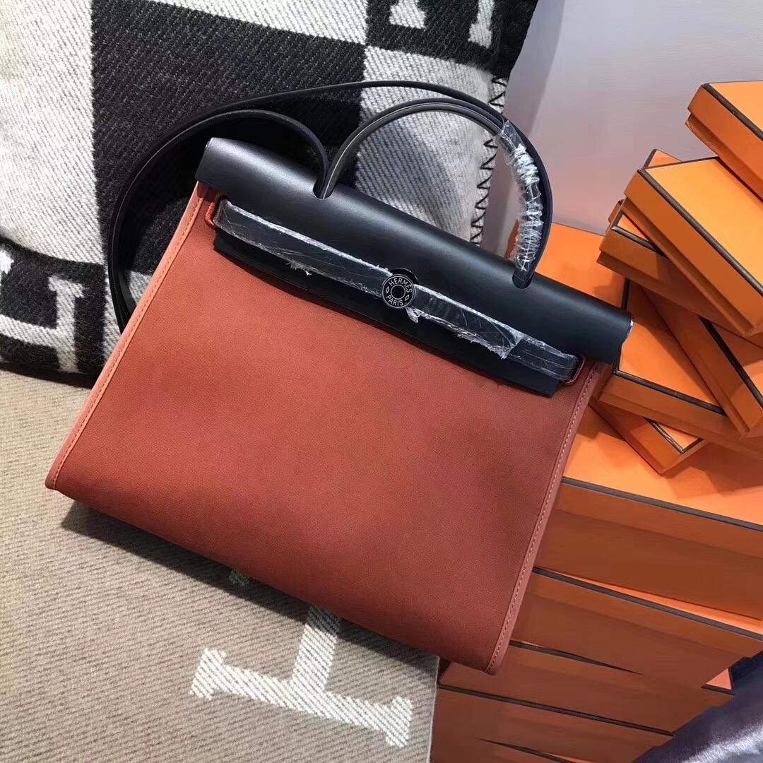 愛馬仕Hermes 牛皮+帆布材質 Herbag 31cm 古銅色