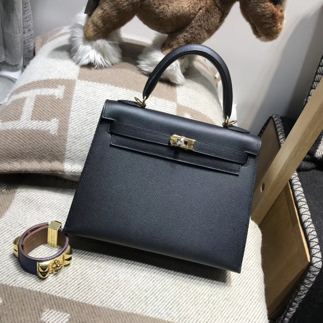 愛馬仕凱莉包Hermes Kelly 25cm Epsom Nior CK89 經典百搭黑色银扣