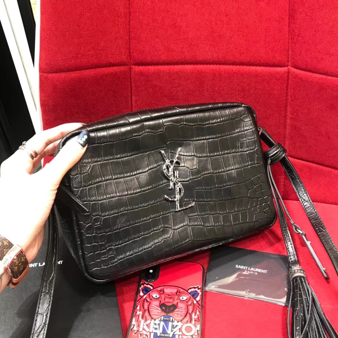 YSL Camera bag LOU啞光黑色小牛皮 鱷魚紋理壓花真皮相機包