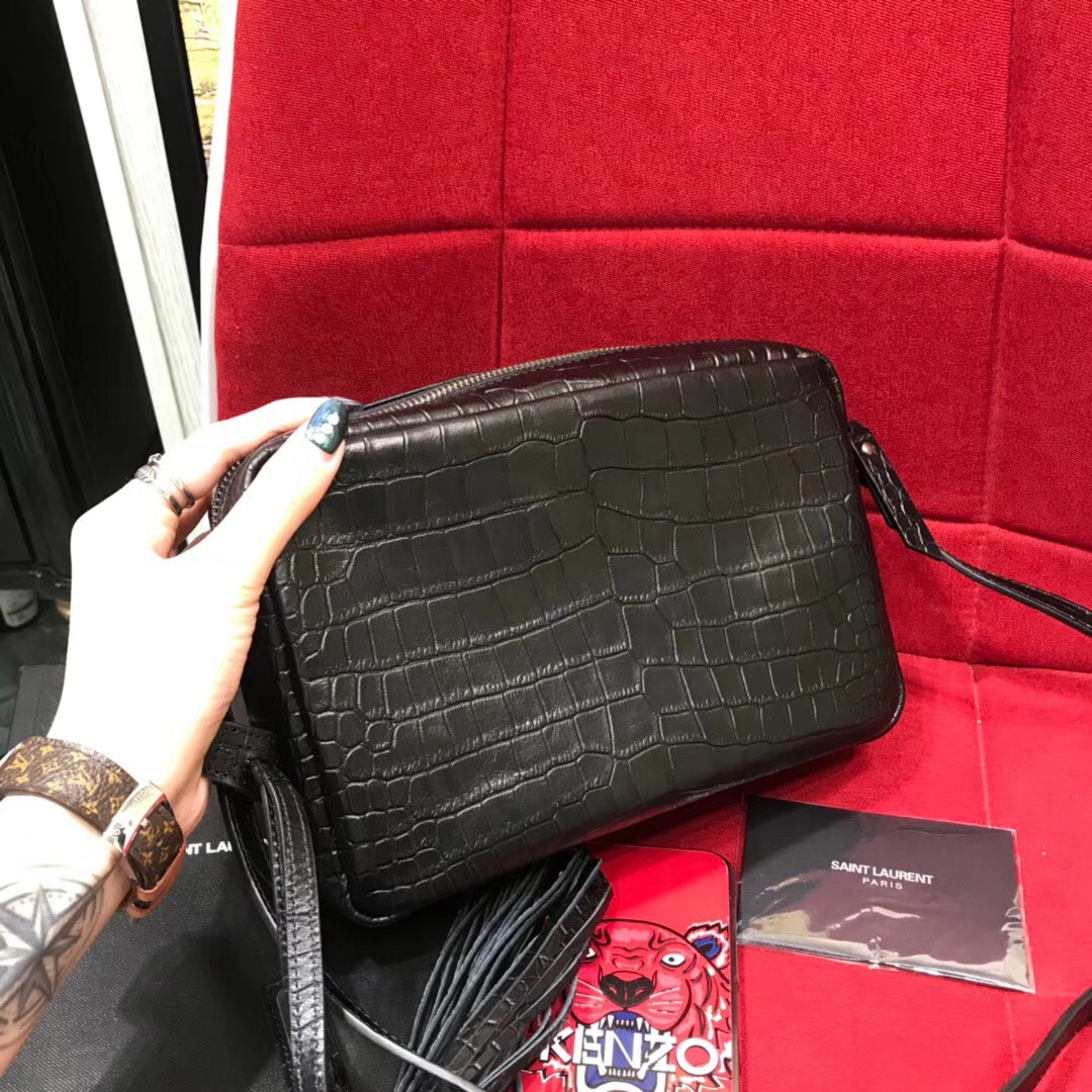 YSL Camera bag LOU啞光黑色小牛皮 鱷魚紋理壓花真皮相機包