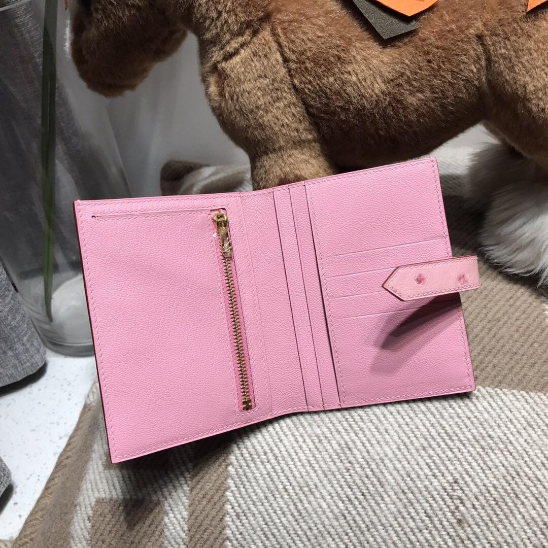 Hermes bearn錢包 鴕鳥皮 Ostrich leather兩折短款錢夾 1Q 奶昔粉