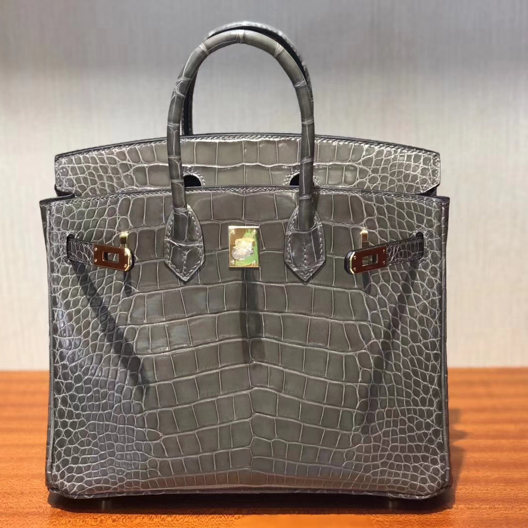 愛馬仕鱷魚皮鉑金包 Hermes Birkin 25 Bag 亮面兩點鱷魚皮C81斑鳩灰