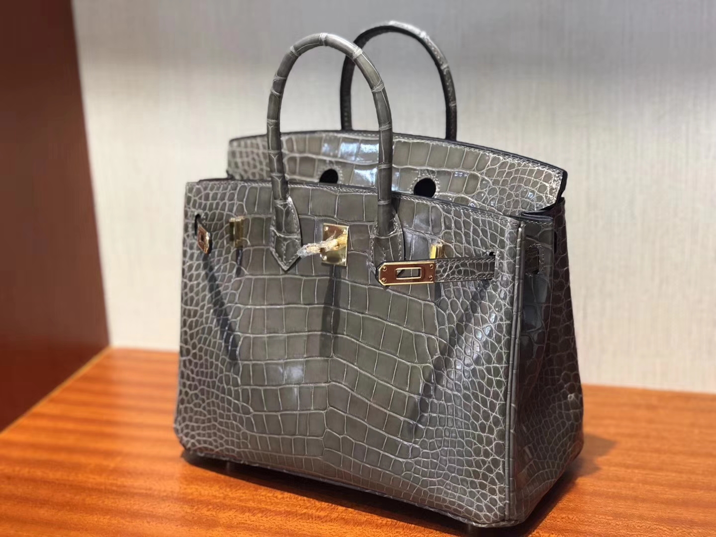 愛馬仕鱷魚皮鉑金包 Hermes Birkin 25 Bag 亮面兩點鱷魚皮C81斑鳩灰