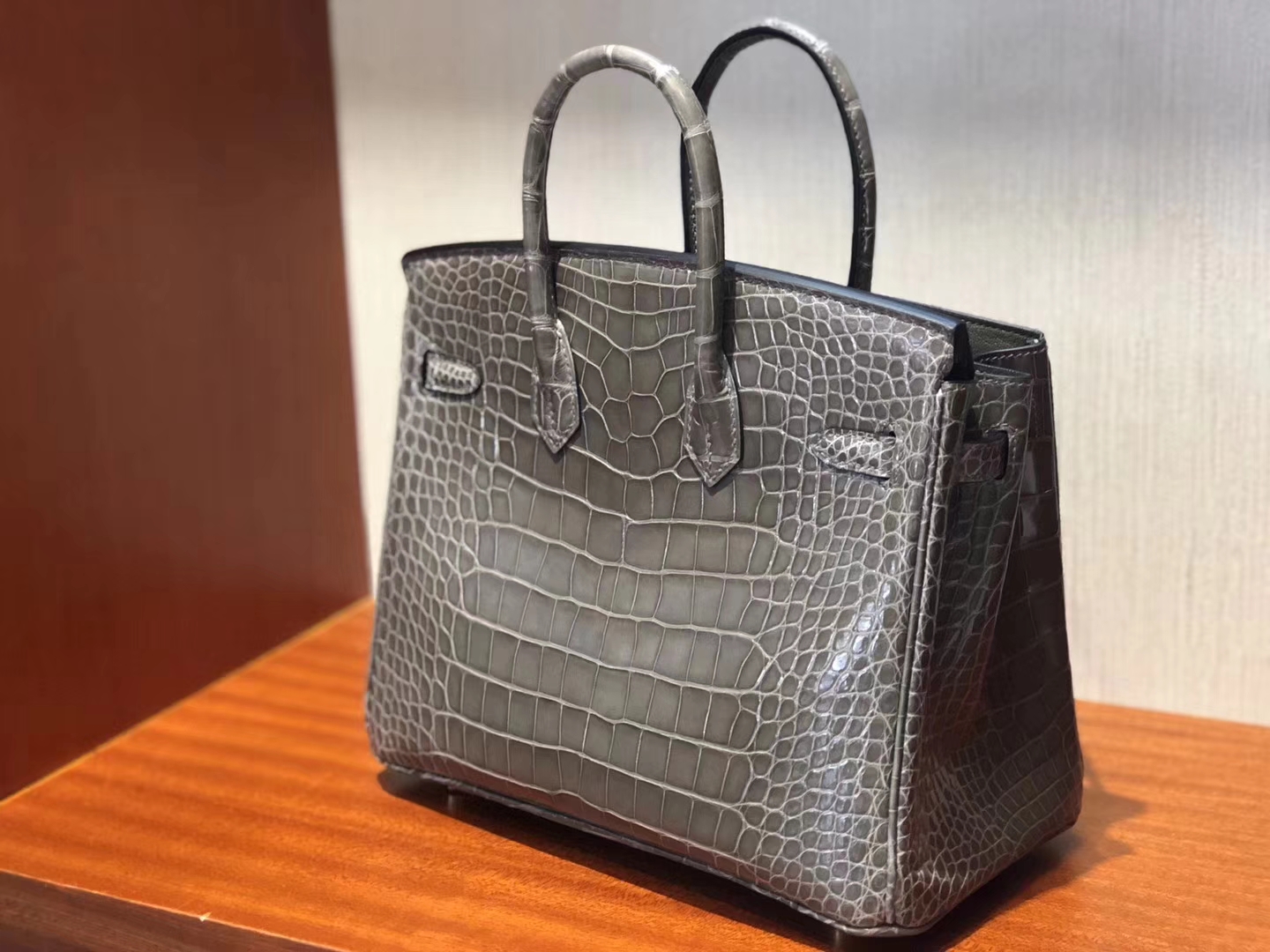 愛馬仕鱷魚皮鉑金包 Hermes Birkin 25 Bag 亮面兩點鱷魚皮C81斑鳩灰