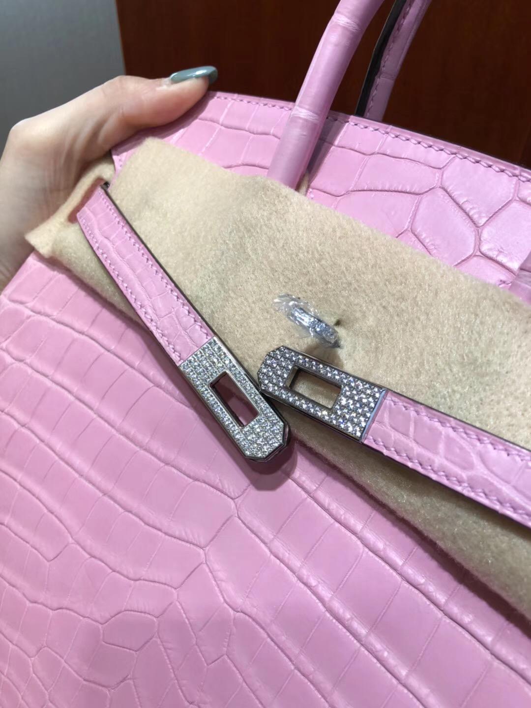 全世界最貴的包包 愛馬仕Hermes Birkin 25 霧面兩點鱷魚5P櫻花粉配南非水晶鉆