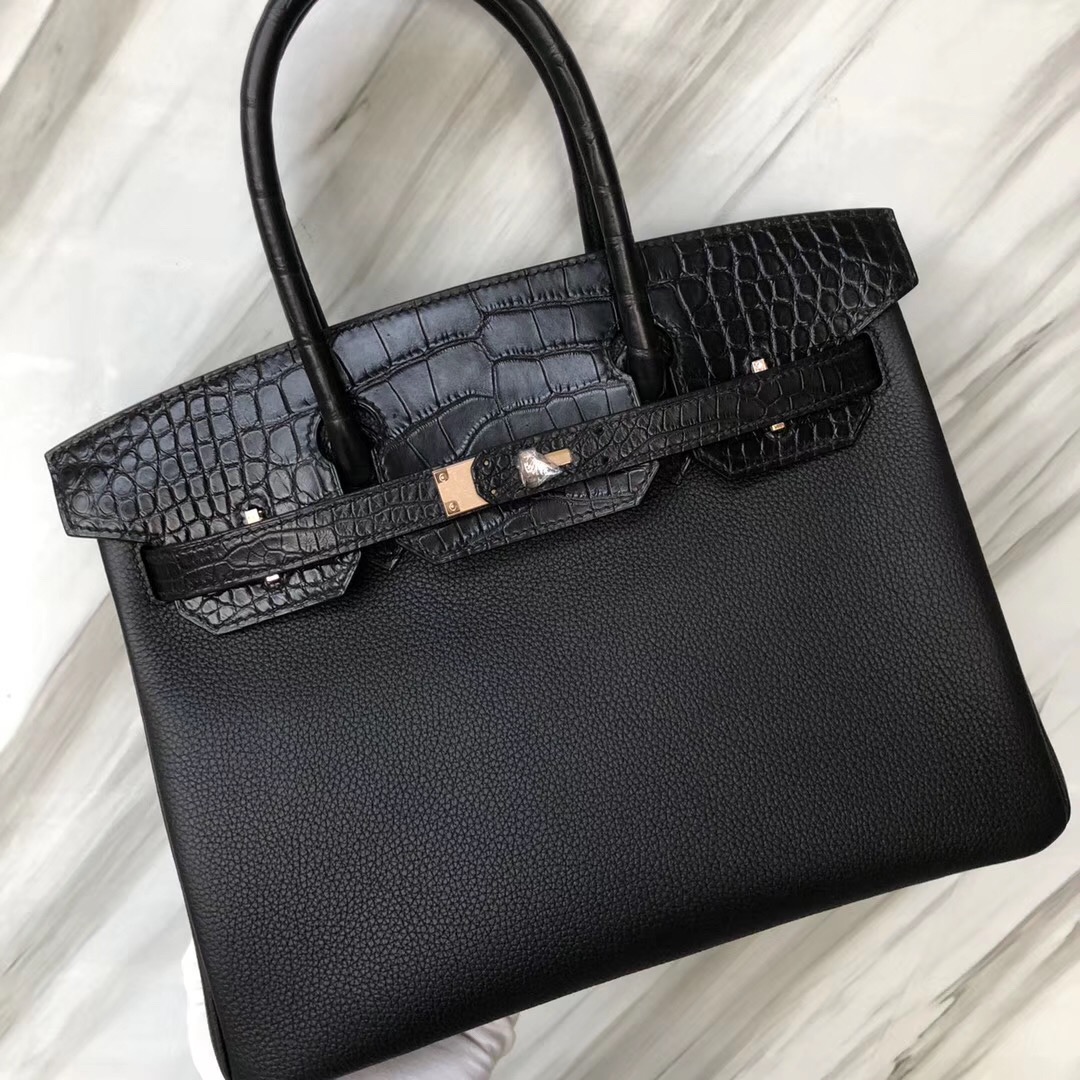 Hermès Birkin 30cm Touch Togo皮 霧面美洲鱷 CK89黑色 玫瑰金扣