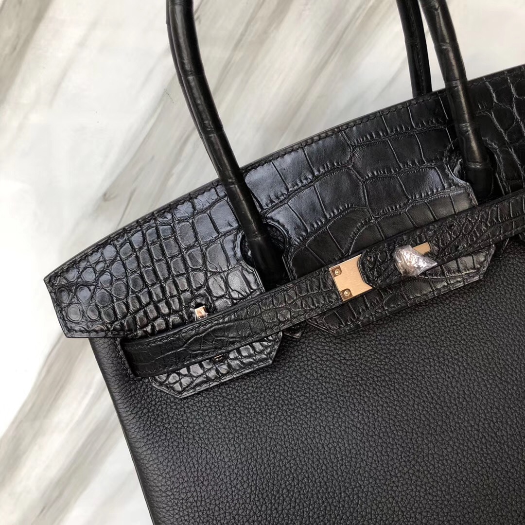 Hermès Birkin 30cm Touch Togo皮 霧面美洲鱷 CK89黑色 玫瑰金扣