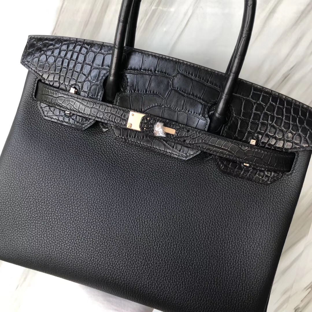 Hermès Birkin 30cm Touch Togo皮 霧面美洲鱷 CK89黑色 玫瑰金扣