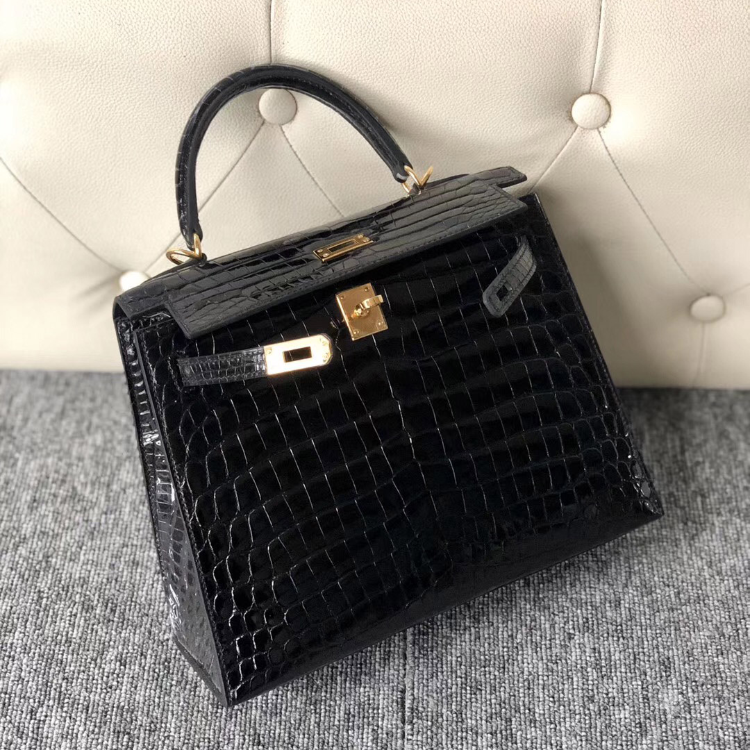 Hermes Kelly 25cm 尼羅鱷CK89黑色Noir 內拼Q5國旗紅Rose casaque 鍍24k金