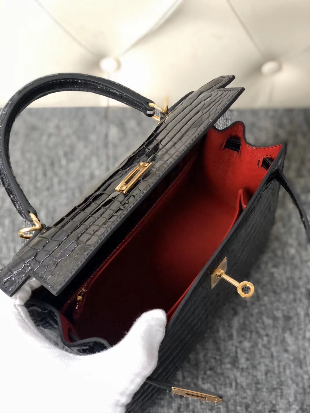 Hermes Kelly 25cm 尼羅鱷CK89黑色Noir 內拼Q5國旗紅Rose casaque 鍍24k金