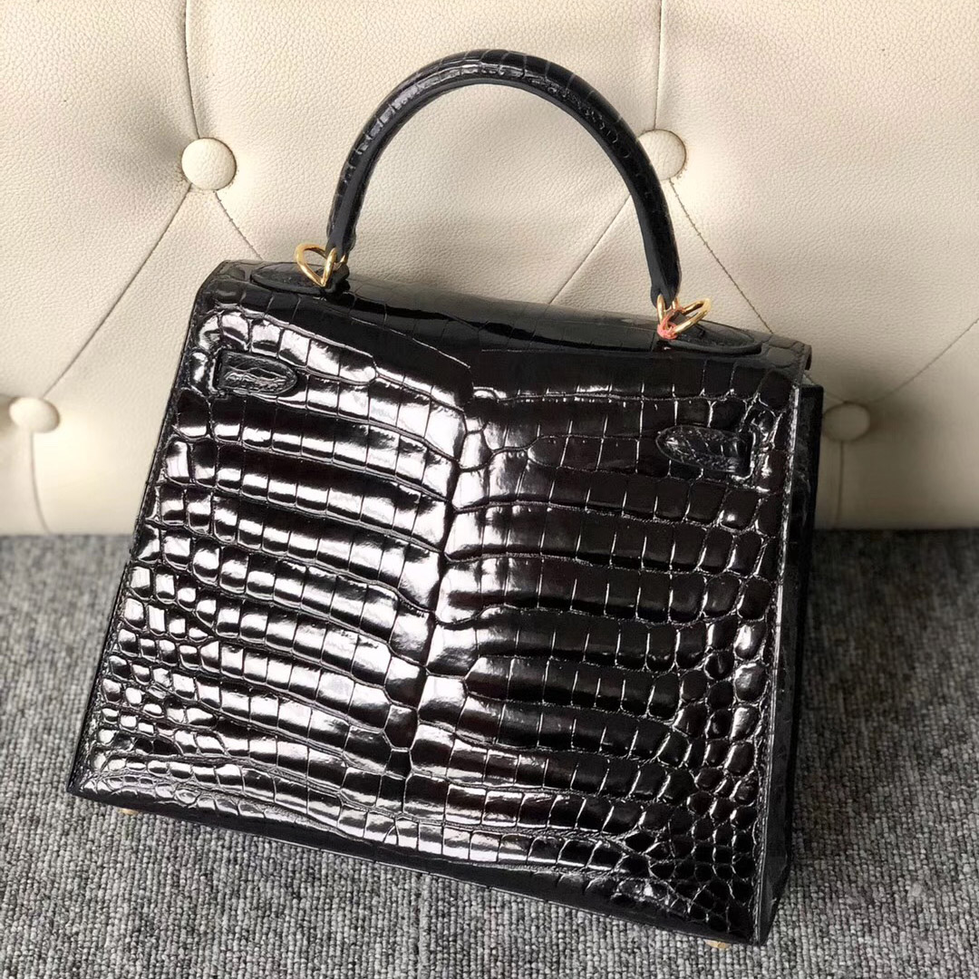 Hermes Kelly 25cm 尼羅鱷CK89黑色Noir 內拼Q5國旗紅Rose casaque 鍍24k金