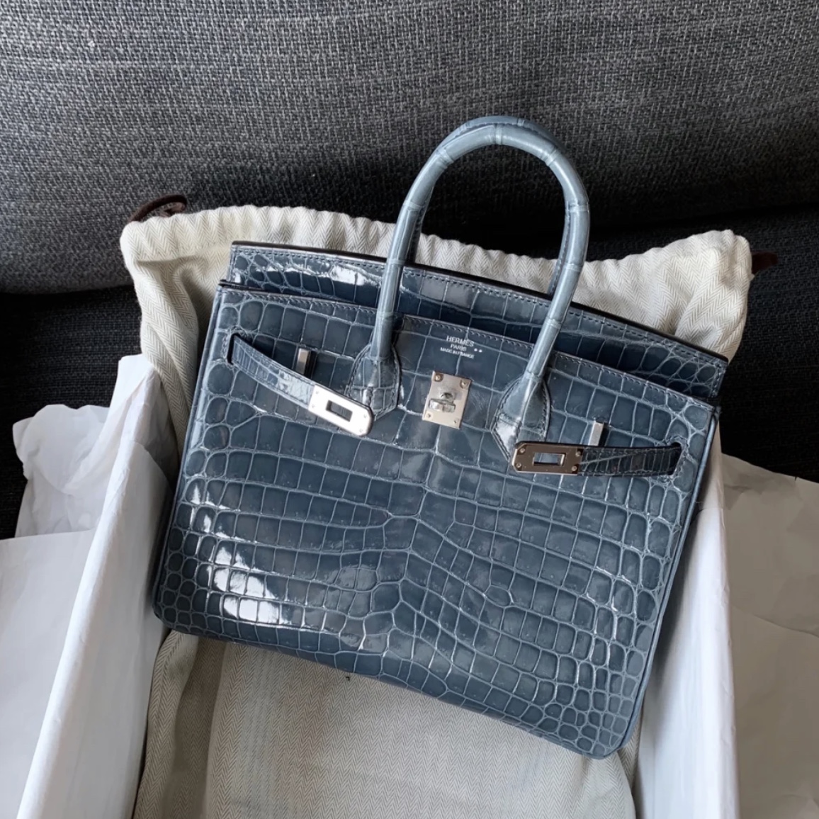 Hong Kong Hermes Birkin 25cm 美洲鱷N7風暴藍Blue Tempete上身效果圖-Qatar Kuwait Hermes  Birkin Kelly Lindy bag