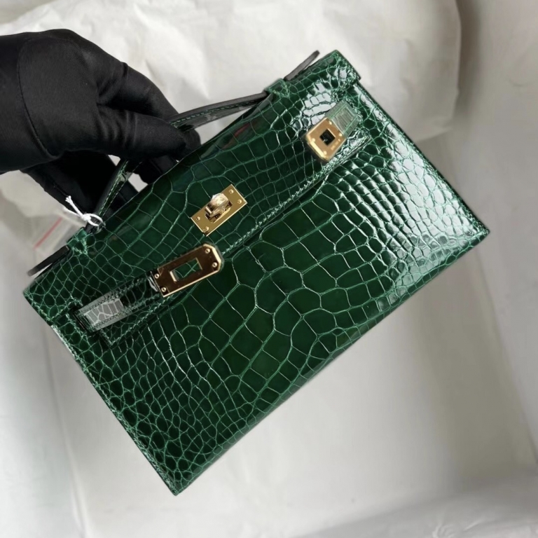 Hermes MiniKelly Pochette Shiny Alligator Crocodile 67 Vert Fonce GHW